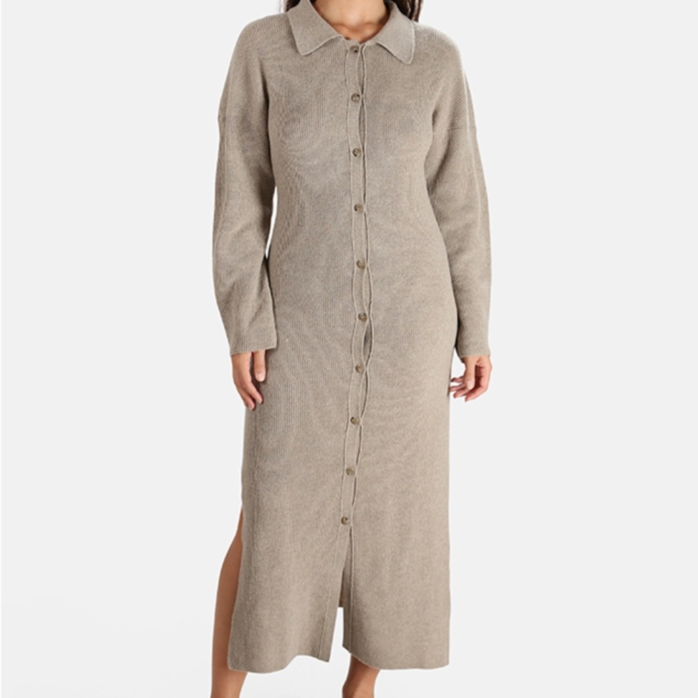 Nanushka Bella Knit Beige Long Sleeve Button-Up Wool Cashmere Dress
